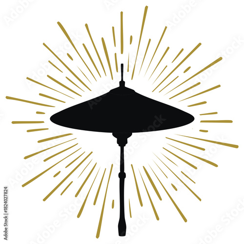 Classic black cymbal percussion instrument silhouette with energetic radiating golden lines illustration