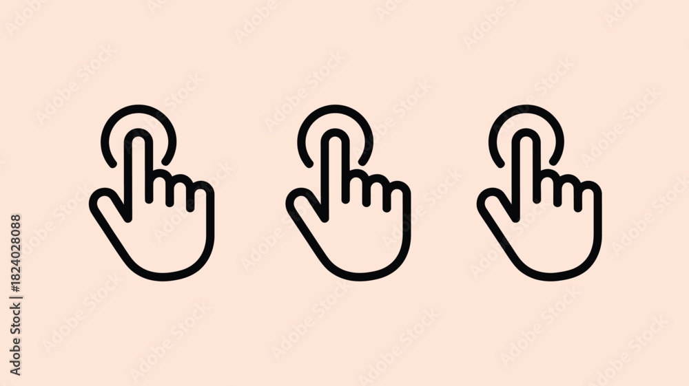 Obraz premium Three identical hand icons with index finger extended touching a circle on a light peach background