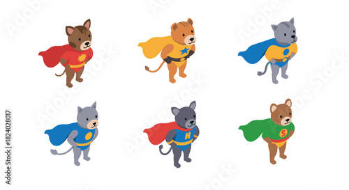 Cute superhero animals in colorful capes flying in isometric style