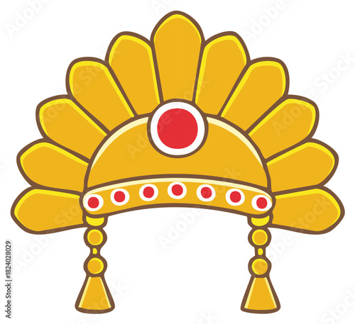 Cartoon Illustration of an Ornate Gold Headdress or Crown with Feather Plumes and Jewel Embellishments