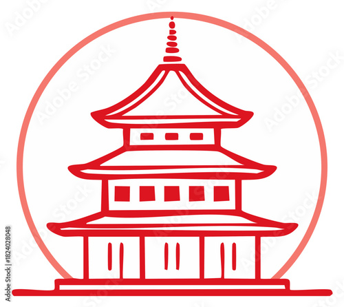 Red Asian Pagoda Tower Hand Drawn Vector Icon for Travel and Culture