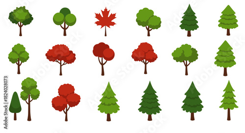Diverse tree collection with various green and red leaf shapes for nature designs