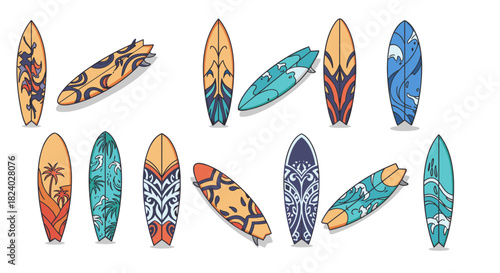 Colorful surfboard collection with artistic patterns and shadows