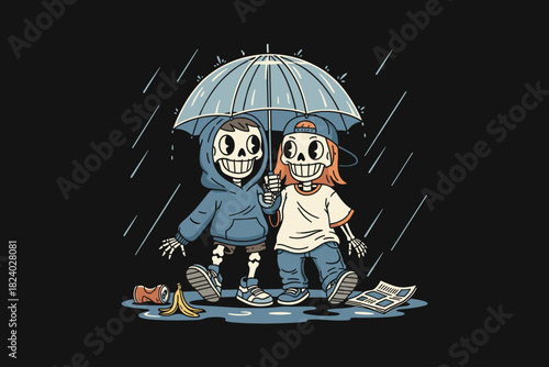 Two skeleton friends sharing an umbrella in the rain.