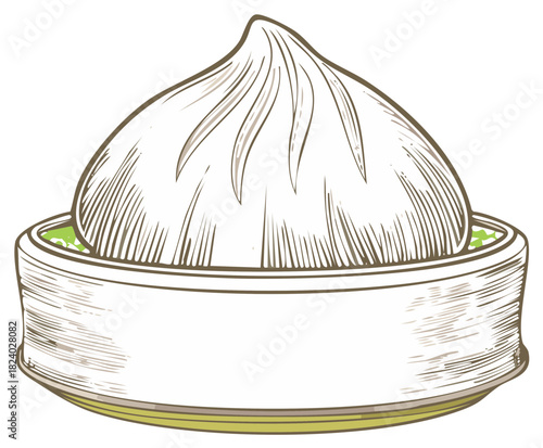 Vintage sketch illustration of a Chinese xiao long bao soup dumpling in a bamboo steamer