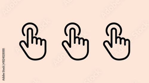 Three identical hand icons with index finger extended touching a circle on a light peach background