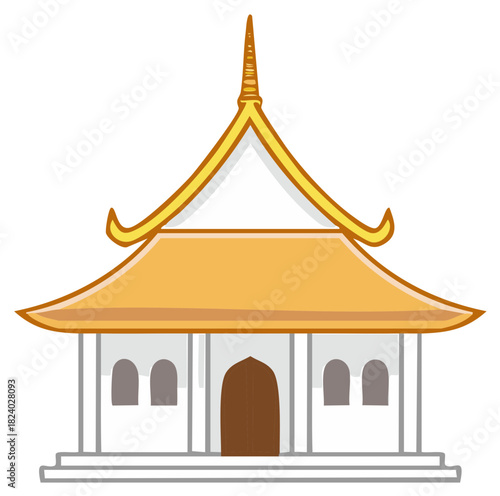 Traditional Thai Temple Building with Golden Roof and White Walls