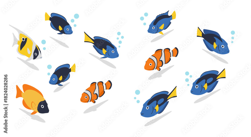 Obraz premium Colorful aquarium fish collection in flat design with shadows