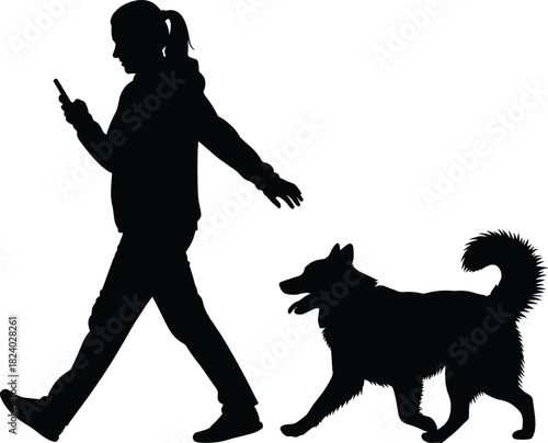 Silhouette, man walking, smartphone, dog companion, mobile addiction, urban lifestyle, pet walk, modern habits, black vector, outdoor scene