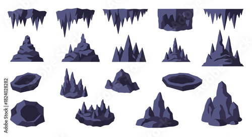 Collection of flat geometric rock formations and cave structures