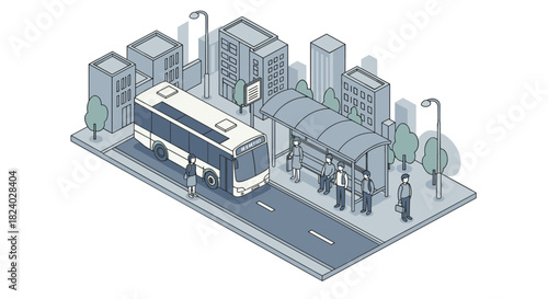 Isometric urban scene with commuters at a bus station in gray tones