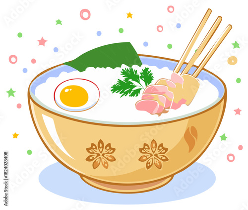 Savory Asian rice porridge bowl with meat skewers, a halved egg, and fresh herbs in a cute vector illustration.