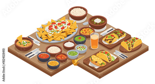 Isometric mexican feast with tacos, nachos, and traditional dishes on a wooden table