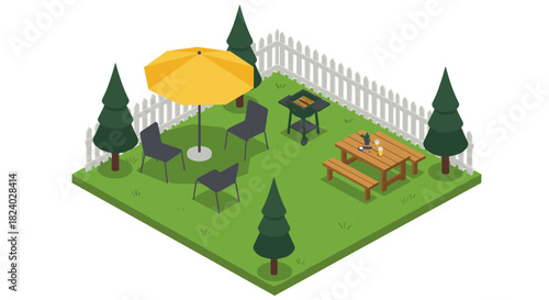 Cozy backyard isometric scene with barbecue, picnic table, and garden