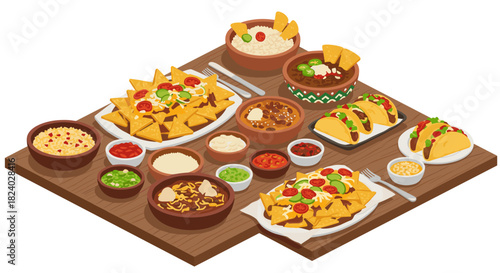 Delicious mexican feast with tacos, nachos, guacamole, and salsa on wooden table