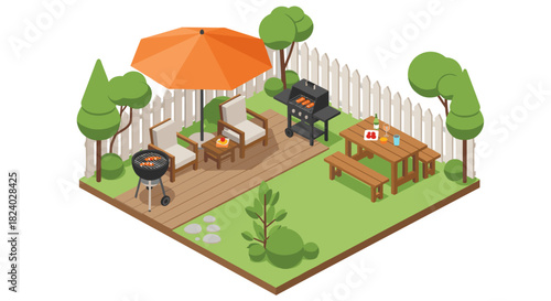 Isometric backyard bbq scene with grill and picnic table in lush green garden