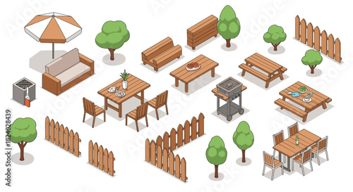 Charming outdoor furniture and garden elements in isometric style for modern spaces
