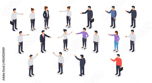 Diverse group of business people pointing in various directions in isometric style