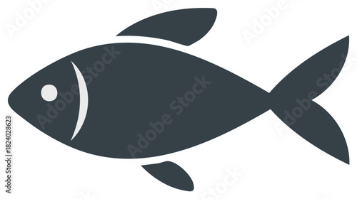 Minimalist single fish icon in dark grey with stylized fins and tail, aquatic life