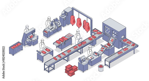Isometric meat processing facility with automated conveyor and workers in safety gear
