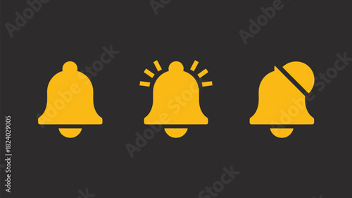 Three yellow bell icons representing notification states on a dark gray background in a digital format