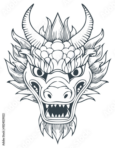 Symmetrical Asian dragon head illustration with a fierce expression. Black and white vector line art for a mascot or tattoo.