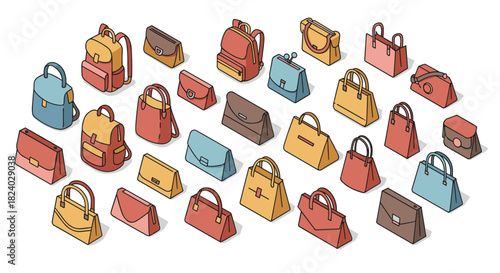 Colorful isometric assortment of fashion bags and backpacks