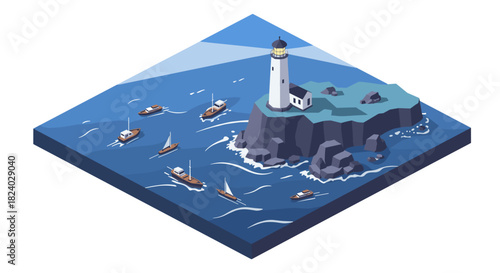 Isometric lighthouse scene with boats navigating rocky shores