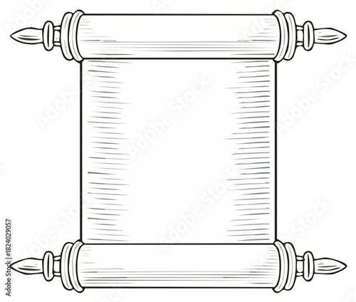 Vintage scroll illustration with blank space for text. Ancient papyrus roll, hand drawn in line art.