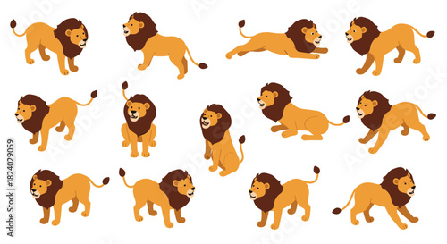 Playful cartoon lions in various poses on white background