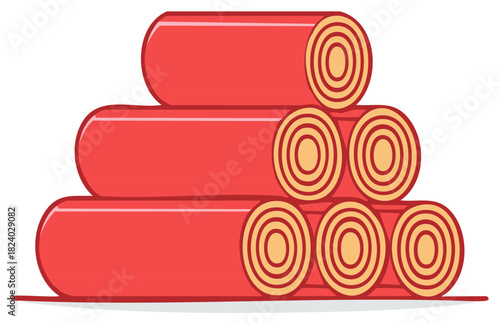 Stack of rolled red carpets or rugs with concentric circles pattern
