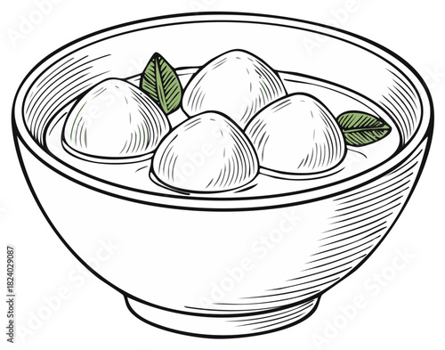 Hand drawn bowl of soup with dumplings and herbs in a vintage engraving style