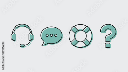 A headset, speech bubble, life preserver, and question mark icons in a row on a light background