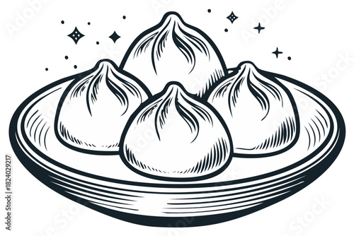 Hand drawn Asian dumplings on a plate with sparkles vector illustration