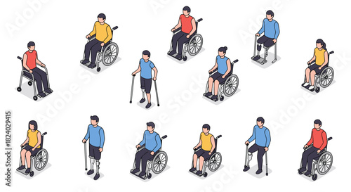 Isometric style people using mobility aids: wheelchairs and crutches in various poses