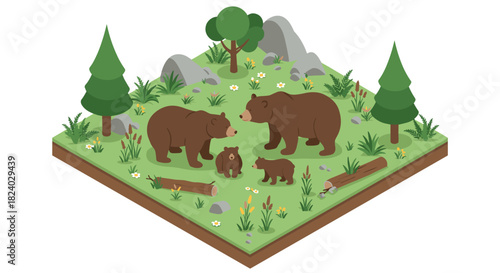 Isometric bear family in forest clearing with trees and rocks