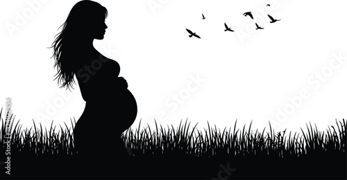 Silhouette, pregnant woman, nature, field, birds, sky, motherhood, belly, long hair, grass, peaceful, outdoor, expecting, black, vector, flying, background, calm, maternity, profile