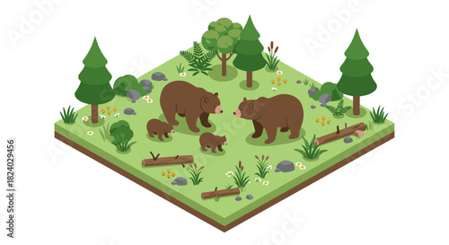 Isometric forest scene with bear family in a nature landscape