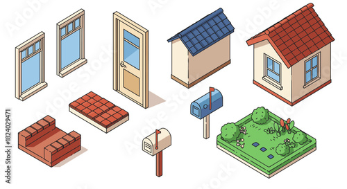 Isometric house components with roof, door, windows, mailboxes, and garden elements