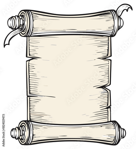 Hand drawn illustration of a blank old scroll or ancient parchment with copy space for a message.
