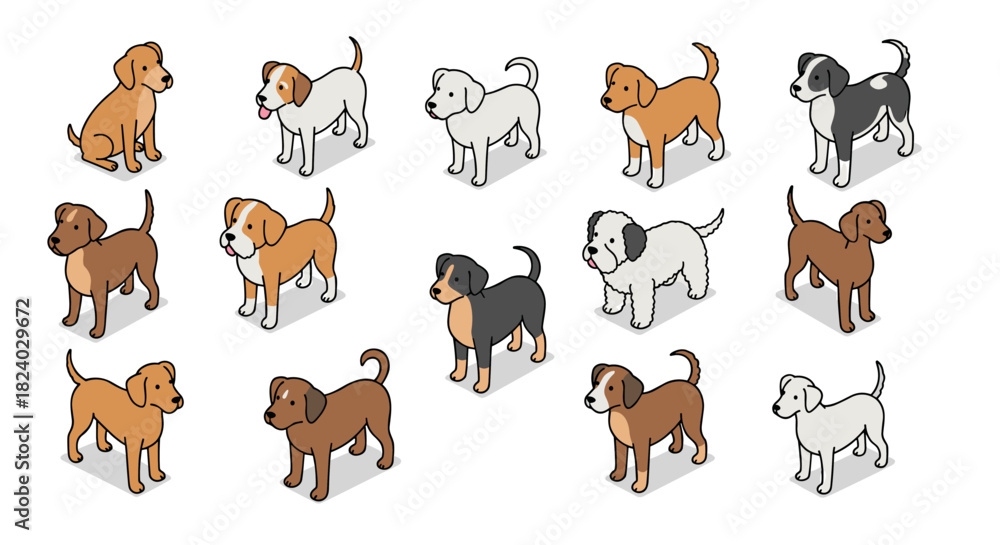 Fototapeta premium Isometric dog collection with diverse breeds in various poses