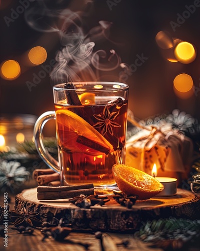 enchanting midair mulled wine with cinnamon, oranges, and cloves: perfect poster for cozy sports interiors or winter gatherings