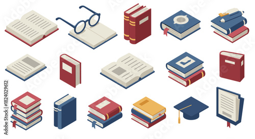 Isometric books and graduation elements set for education and learning design