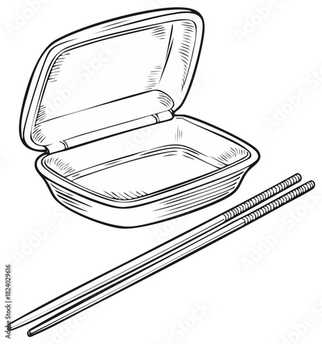Sketch illustration of an open empty food takeout container and chopsticks