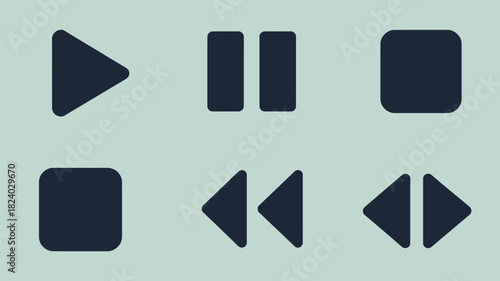 A collection of six dark blue media player control icons arranged on a light green background surface