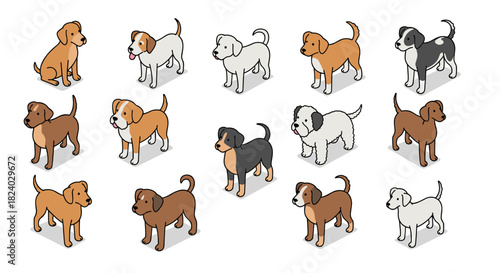 Isometric dog collection with diverse breeds in various poses