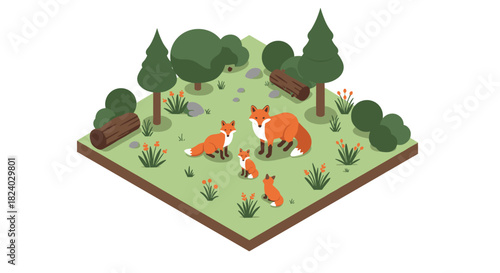 Isometric woodland scene with fox family in forest clearing