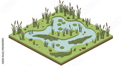 Isometric wetland habitat with crocodiles and aquatic plants