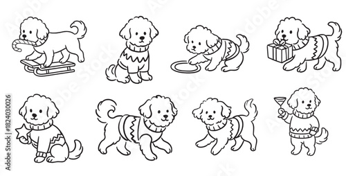 Cute Winter Puppy Line Art Clipart | Christmas Dog Illustration Set | Cozy Holiday Pet Drawing