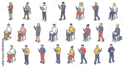 Diverse people reading and writing in isometric style